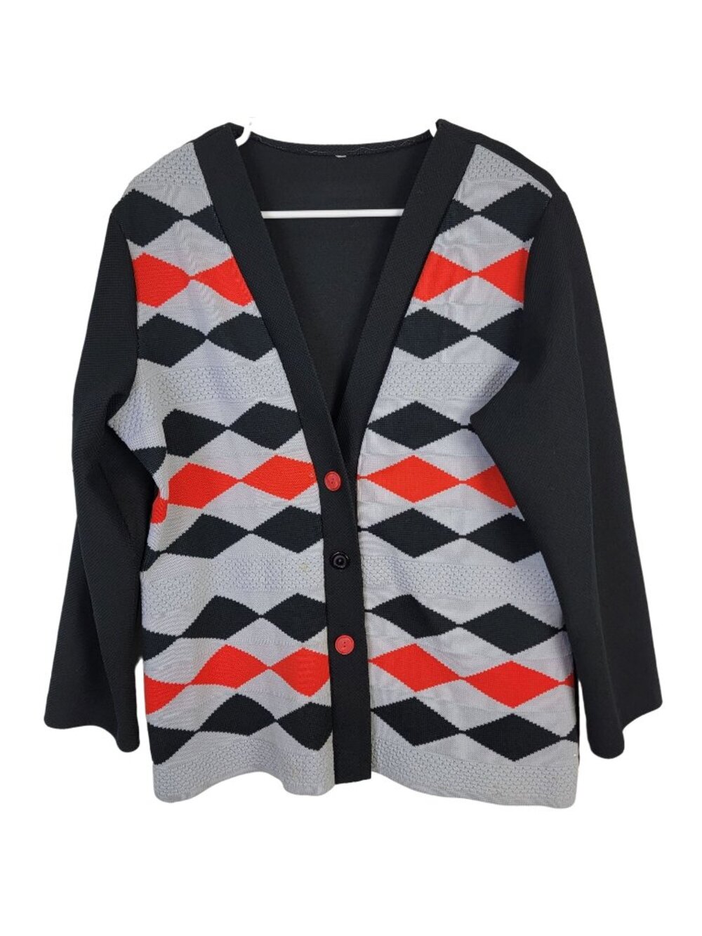 Vintage 60s Cardigan Jacket Women Large Black Red Argyle Diamond Fall 12 14 Top